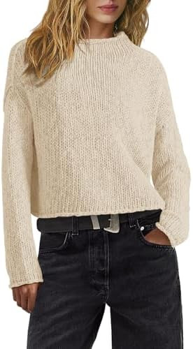 ReachMe Womens Oversized Cropped Sweaters Chunky Knit Sweater Long Sleeve Mock Neck Pullover Tops... | Amazon (US)