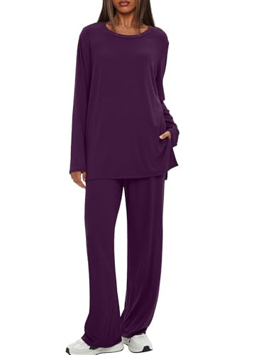 Darong Lounge Sets for Women 2 Piece Drawstring Wide Leg Pants Long Sleeve Tops Casual Outfits Matching Set 9088A Dark Purple L | Amazon (US)