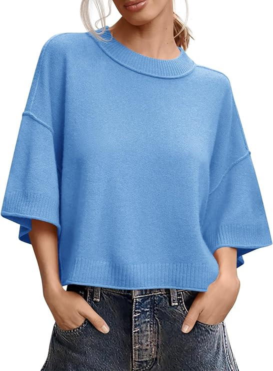 Saodimallsu Womens Short Sleeve Sweater Summer Oversized Cropped Sweaters Casual Crewneck Lightwe... | Amazon (US)