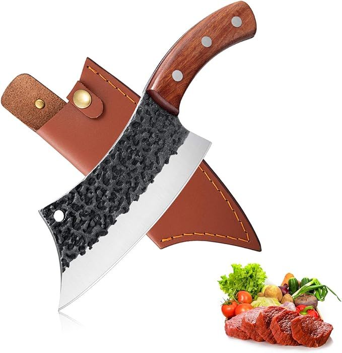 Hand Forged Meat Cleaver 6.3 Inch Kitchen Chef Knife with Leather Sheath and Gift Box Outdoor But... | Amazon (US)