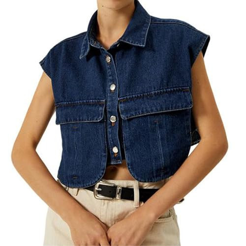 Wefebi Women Denim Vest Sleeveless Button Down Jean Jacket Waistcoat Crop Top with Pockets(Blue-M) | Amazon (US)