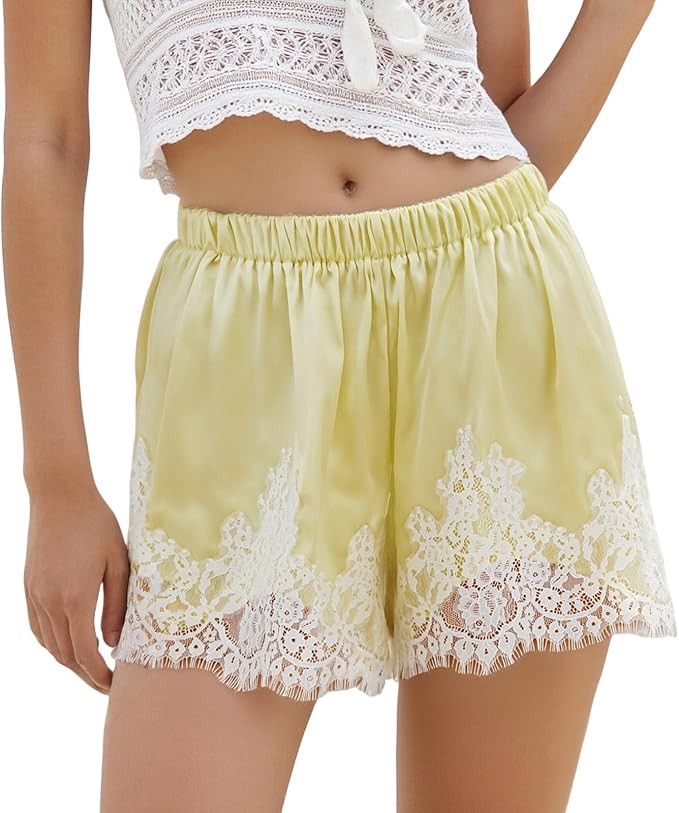 Women Silk Lace Shorts Satin Elastic Waist Lace Trim Mini Shorts Silk Patchwork Lounge Pettipants... | Amazon (US)
