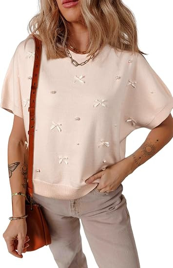 LEMAFER Women Pearl Bow Embellished Dolman Short Sleeve Knit Sweater Top | Amazon (US)