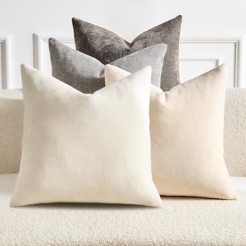 GriNeed Pack of 4 Throw Pillow Covers 22x22 Inch Chenille Textured Neutral Grey Soft Pillow Covers Solid Decorative Farmhouse Cushion Covers Home Boho Decor for Couch Sofa Bed Living Room | Amazon (US)