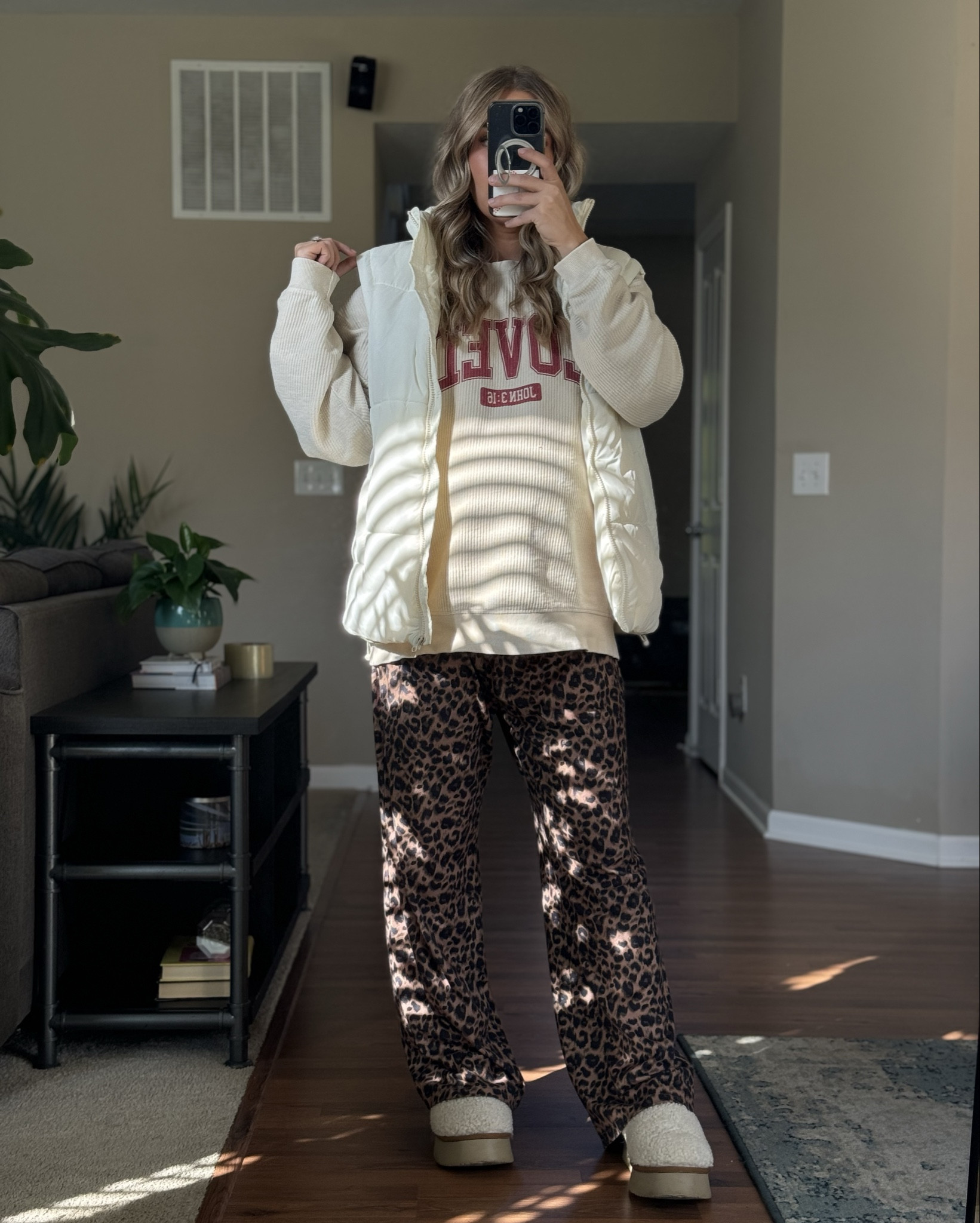 Small in the LOVED John 3:16 waffle knit, large in the leopard pants (run small), small in the cream puffer vest 

#LTKBump