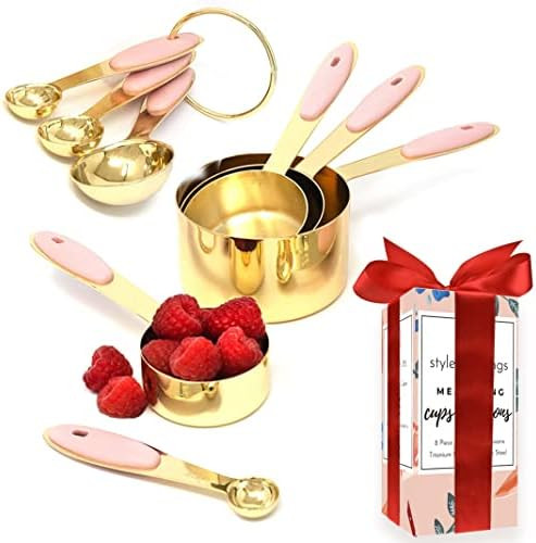 Pink Measuring Cups and Spoons Set - Sturdy 8PC Pink & Gold Measuring Cups and Spoons Set Stainle... | Amazon (US)