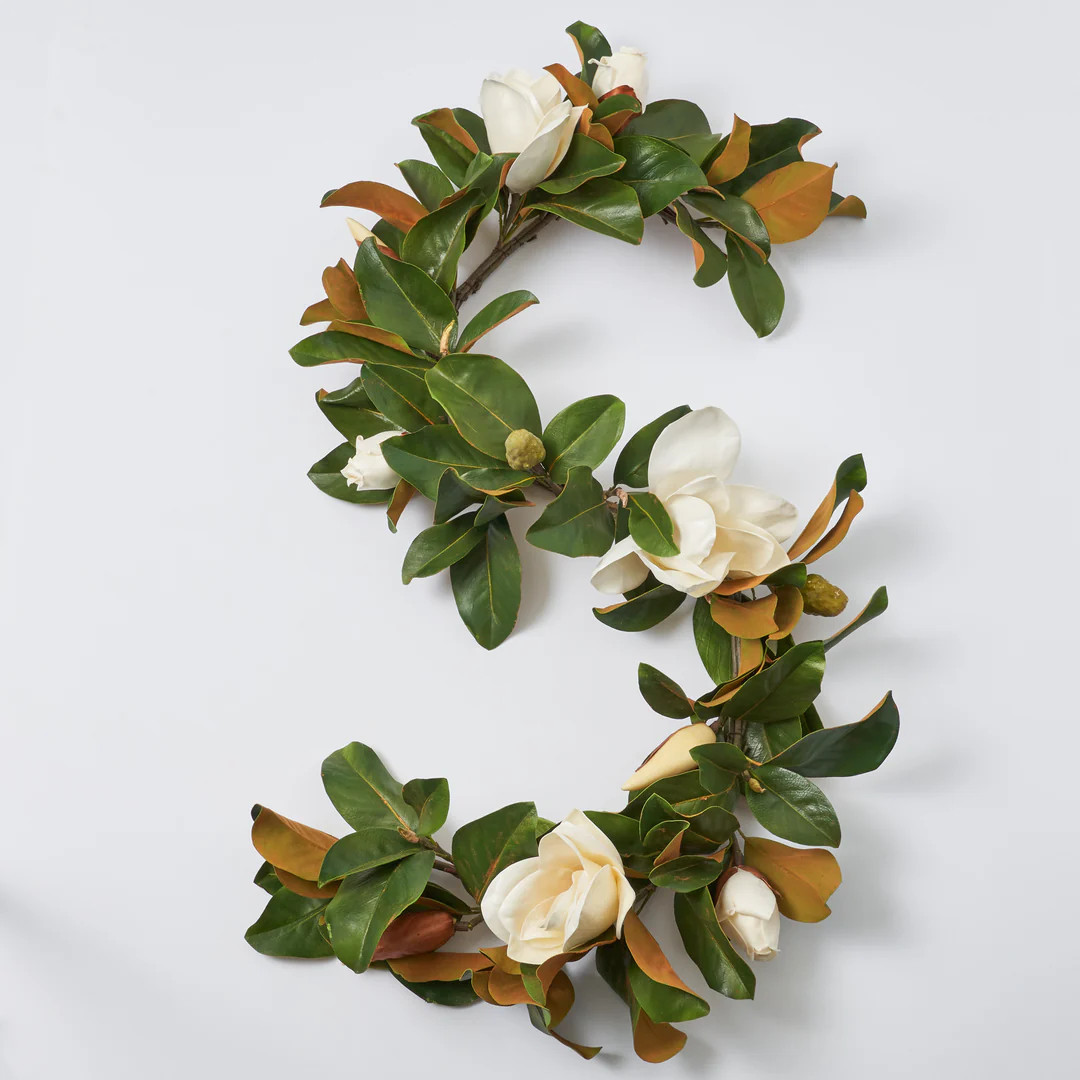 Real Touch White Magnolia Flower & Leaf All Seasons Garland Table Runner | Darby Creek Trading