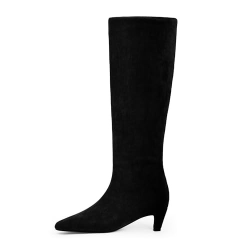 Modatope Black Knee High Suede Boots for Women Square Toe Kitten Heel Tall Womens Fashion Knee High Boots Size 6 | Amazon (US)