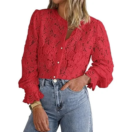 PRETTYGARDEN Women's Dressy Casual Lace Blouse Long Sleeve Button Up Shirts Tops Spring Fall Fashion Clothes | Walmart (US)