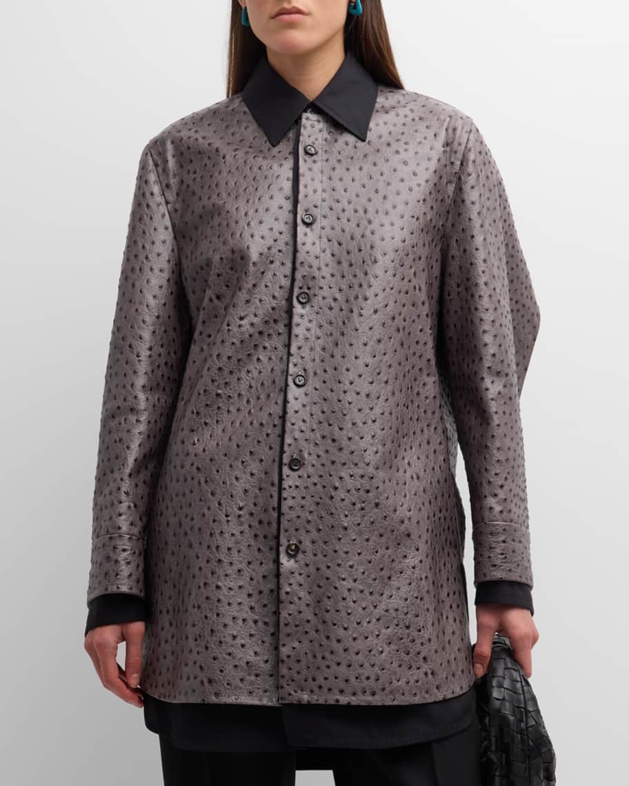Embossed Ostrich Leather Layered Mini Shirtdress | Neiman Marcus