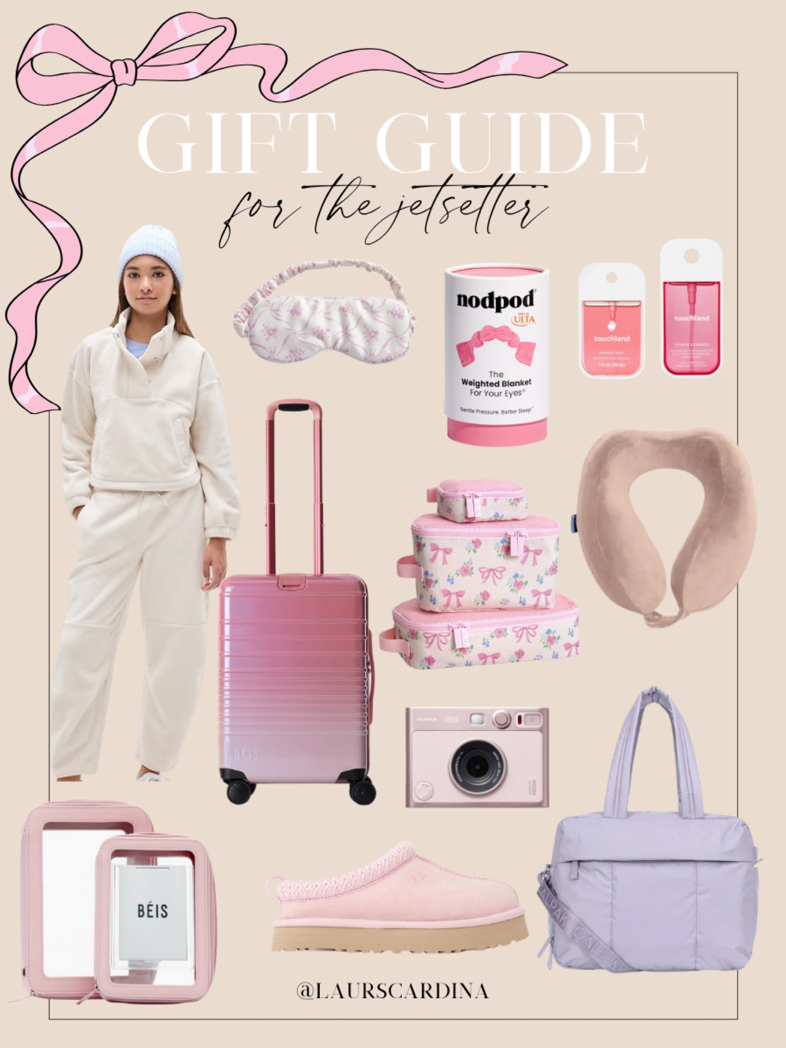 This gift guide for the jet setter includes a matching sweatshirt and sweatpants set, a carry on suitcase, eye mask, a weighted blanket for your eyes, body and hand mist, packing cubes, a neck pillow, a camera, Beis cosmetic bags, Ugg slippers, and a Calpak carry on bag. 

Gifts for her, gifts for teens, travel must haves

#LTKGiftGuide #LTKFindsUnder50 #LTKHoliday