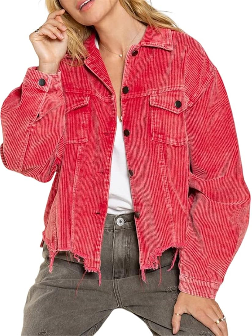 HOULENGS Women's Cropped Frayed Hem Corduroy Jacket Long Sleeve Lapel Shacket Coat with Pockets | Amazon (US)