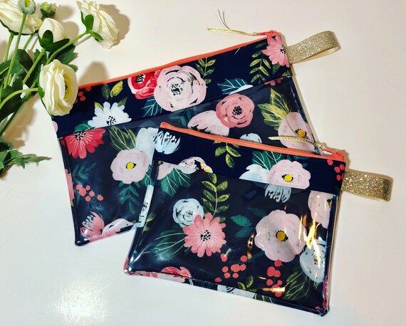 Coral/Navy Floral Print Vinyl-lined Pouches, diaper bag pouches, travel pouch, packing pouch | Etsy (US)