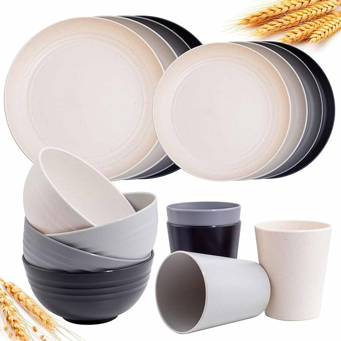 Rubtlamp Wheat Straw Dinnerware Sets, 16PCS Plastic Dinnerware Set for 4, Wheat Straw Plates and ... | Amazon (US)