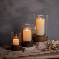 Glasseam Set of 3 Hurricane Candle Holder: Rustic Wood Glass Pillar Candle Holders for Wedding Ch... | Walmart (US)