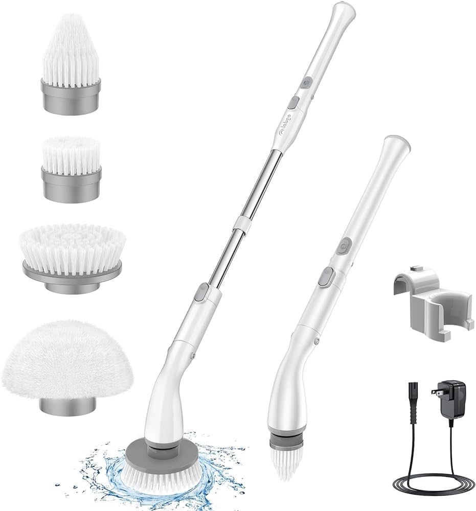 LABIGO Electric Spin Scrubber LA1 Pro, Cordless Spin Scrubber with 4 Replaceable Brush Heads and Adjustable Extension Handle, Power Cleaning Brush for Bathroom Floor Tile (White) | Amazon (US)