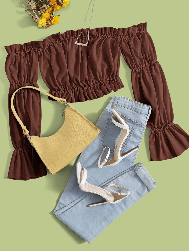 Off Shoulder Frill Trim Bell Sleeve Top | SHEIN