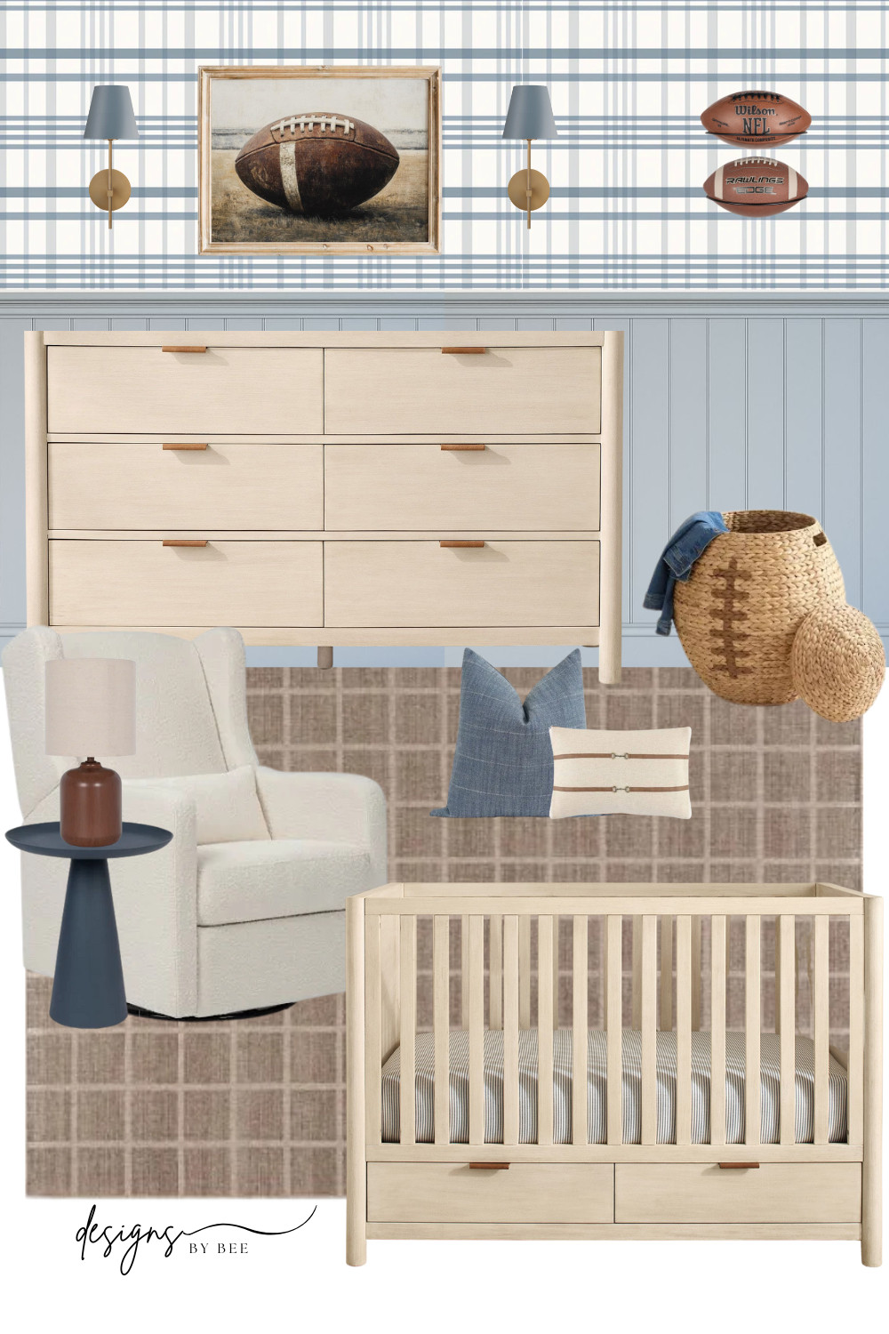 nursery decor, baby boy nursery, football nursery, sports nursery, blue plaid wallpaper, light wood dresser, light wood crib, white glider, swivel nursery chair, blue side table, brown table lamp, woven football basket, vintage football art, blue wall sconces, blue and white nursery, traditional nursery, leather drawer pulls, plaid rug, striped crib sheet, wainscoting 

 #LTKHome #LTKBaby