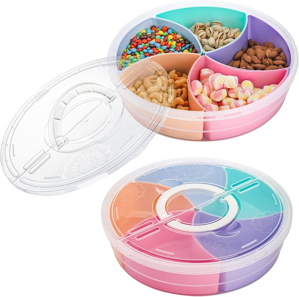 Cedilis 2 Pack Snack Serving Tray with Lid, 12inch Fruit Serving Container, 5 Colorful Compartmen... | Amazon (US)