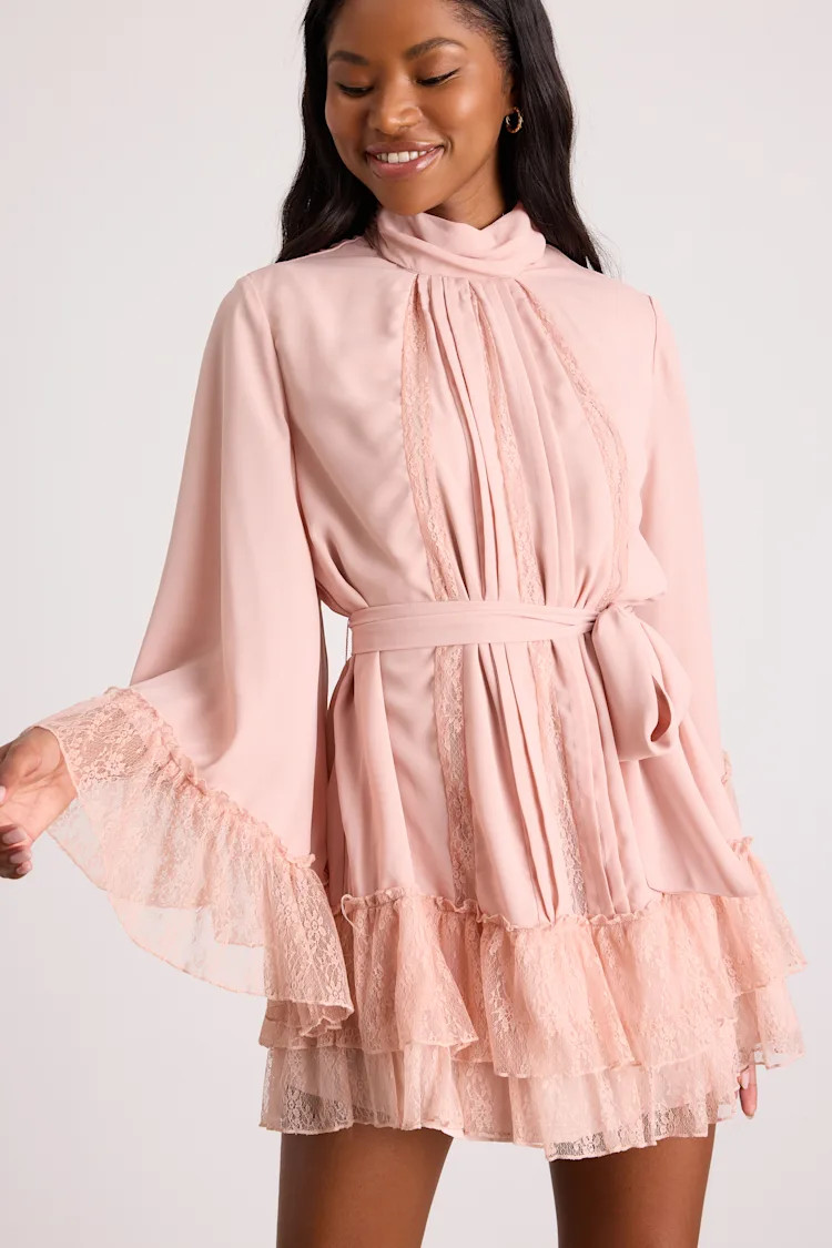 Sidonie Blush Pink Lace Bell Sleeve Mini Dress | Lulus