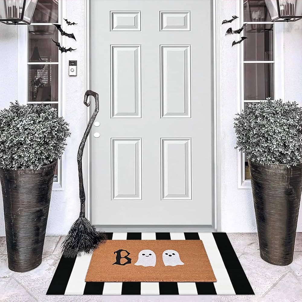 Halloween Door Mat Combo Set, Boo Ghost Coco Coir Welcome Doormat + 28" x 43" Black and White Pla... | Amazon (US)