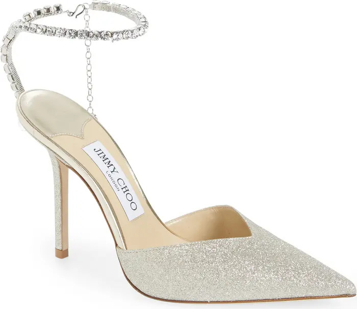 Saeda Glitter Crystal Ankle Strap Pointed Toe Pump (Women) | Nordstrom