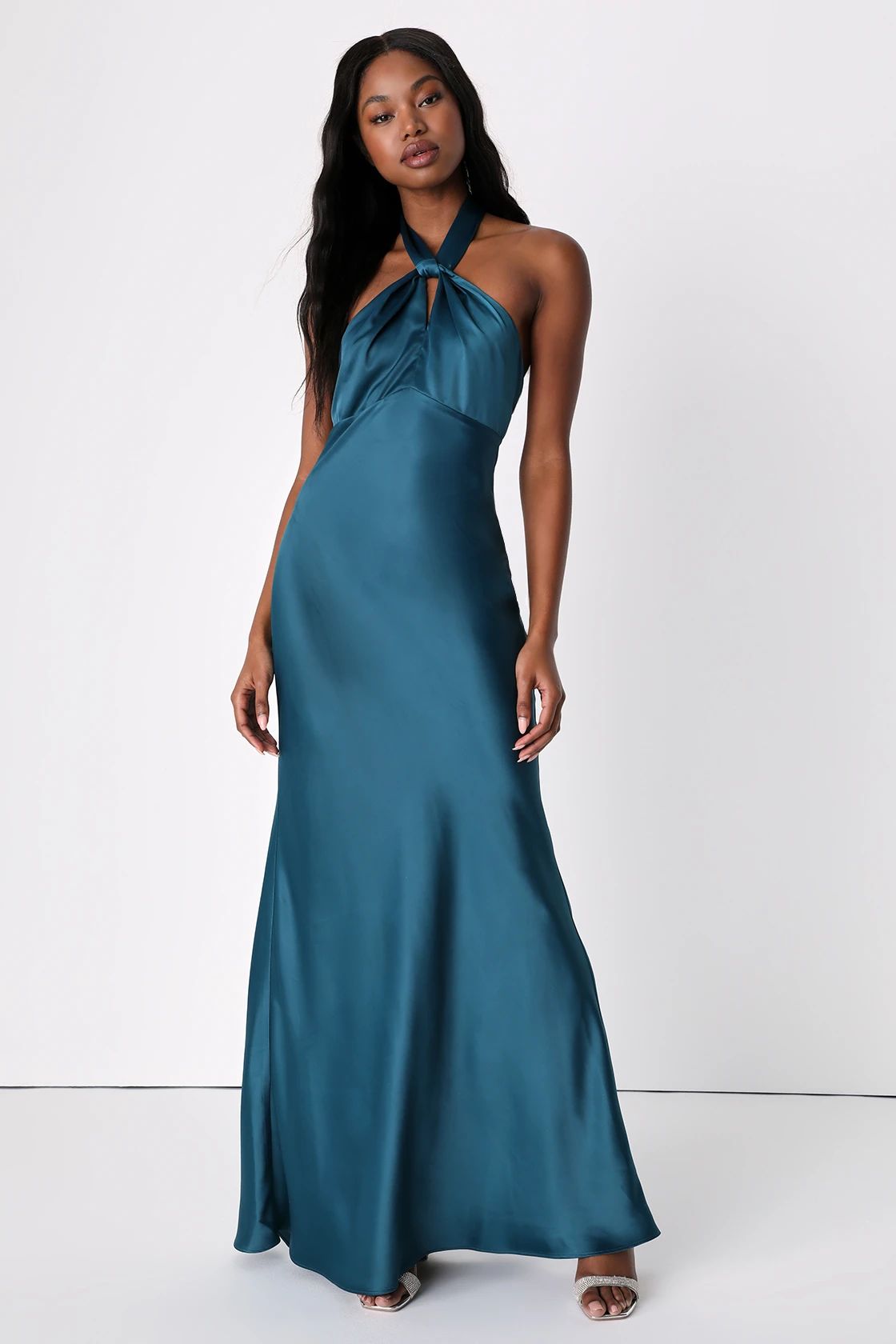 Regal Arrival Dark Teal Blue Satin Halter Mermaid Maxi Dress | Lulus (US)