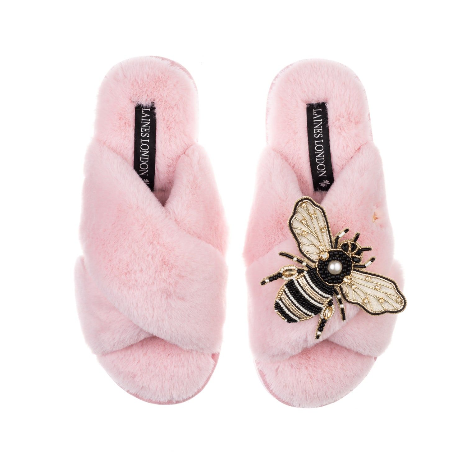 Classic Laines Slippers With Cream & Gold Bee Brooch - Pink | Wolf & Badger (US)