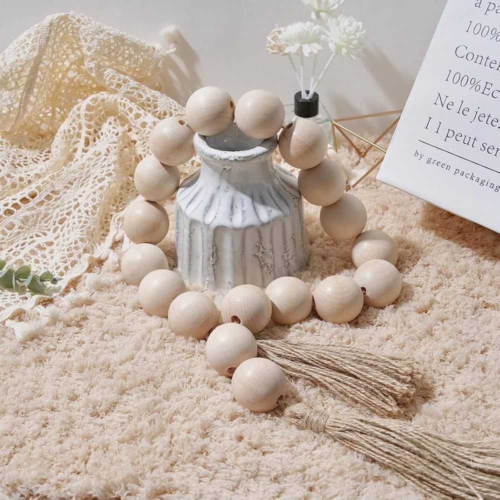 Oversized Wood Bead Decor, 1.6" Diameter Chunky Natural Wood Beads, 41" Long Farmhouse Tray with ... | Amazon (US)