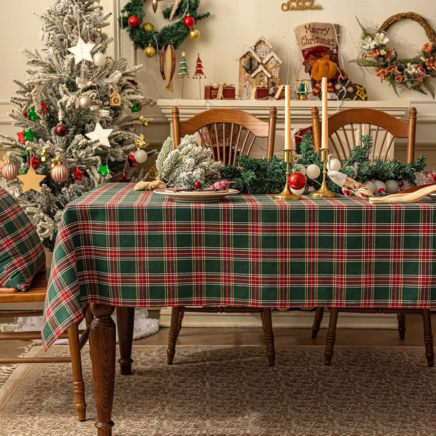 Softalker Christmas Checkered Tablecloth Rectangle - Green Buffalo Plaid Linen Cotton Gingham Xma... | Amazon (US)