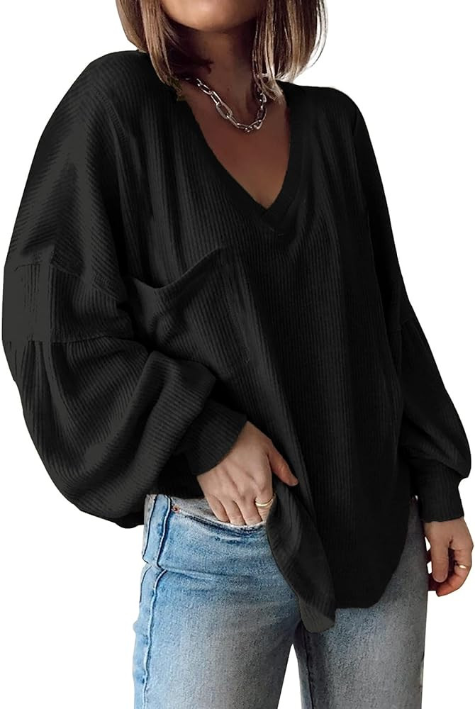 Naggoo Women's Fall Balloon Long Sleeve Shirts V Neck Oversized Tunic Tops Casual Loose Ribbed Kn... | Amazon (US)