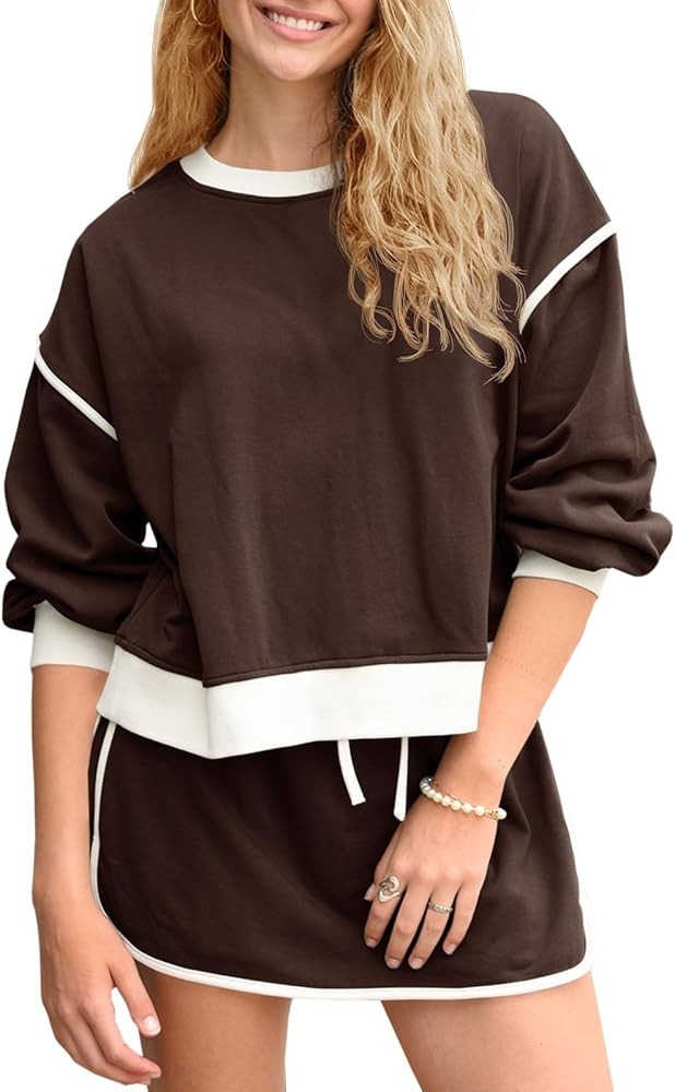 Fisoew Womens Sweatsuits 2 Piece Set Crewneck Sweatshirts High Waisted Skort Skirts Tennis Runnin... | Amazon (US)