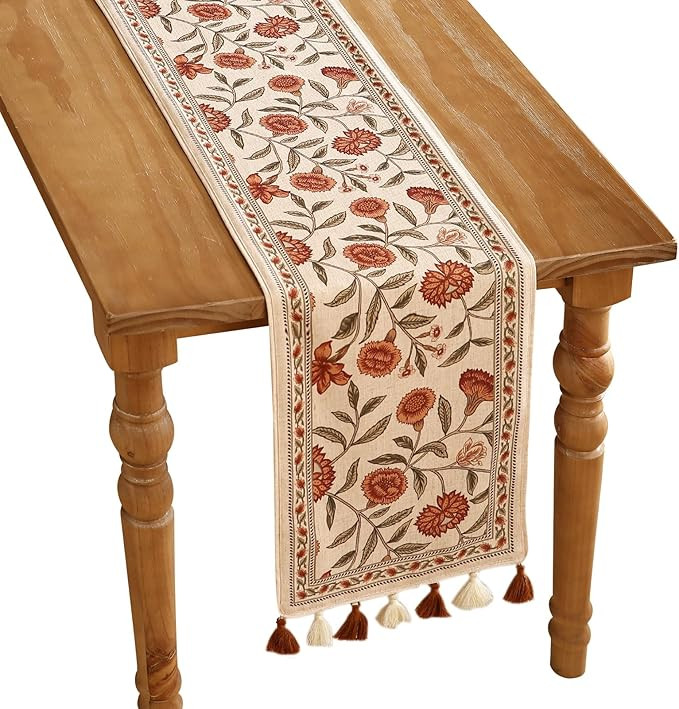 ISAENNE Designer Elegant Linen Table Runner 87 Inches Long,Vintage Orange Floral Pattern Table Ru... | Amazon (US)