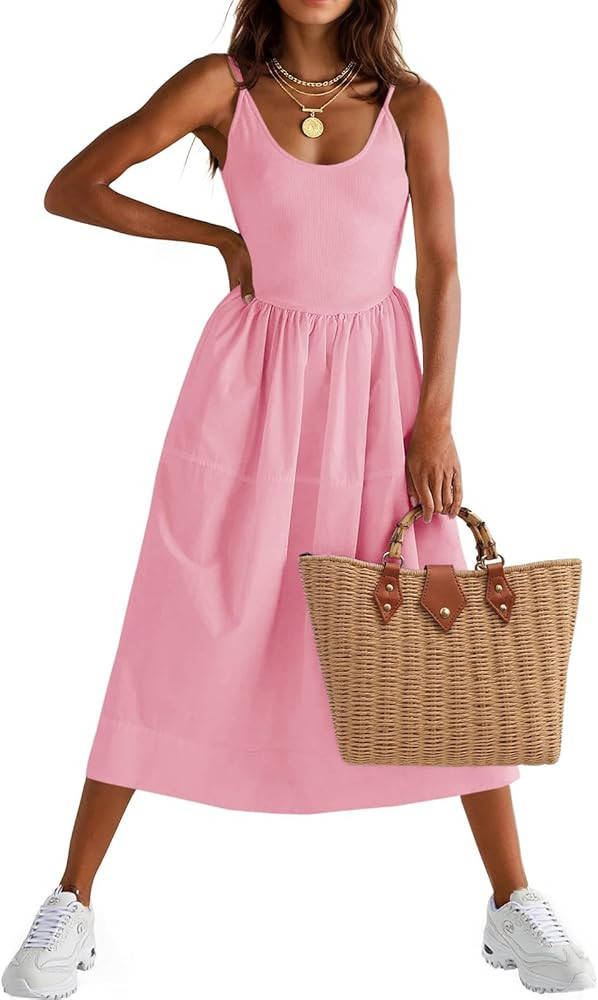 Fisoew Womens Spaghetti Strap Dress V Neck Backless Summer Casual A Line Cami Dress with Pocket | Amazon (US)