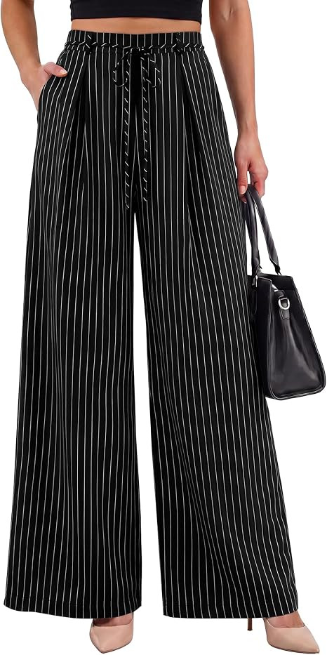 Youtalia Wide Leg Pants for Women Striped Drawstring Back Elastic Waist Trousers Casual with Pock... | Amazon (US)