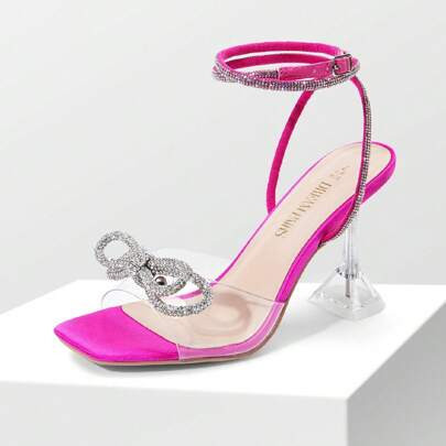 Women Sparkly Bowknot Crystal Embellished Heeled Sandals Fashion Peep Toe Transparent Heel Sexy Stilettos For Party Wedding Prom Valentines | SHEIN