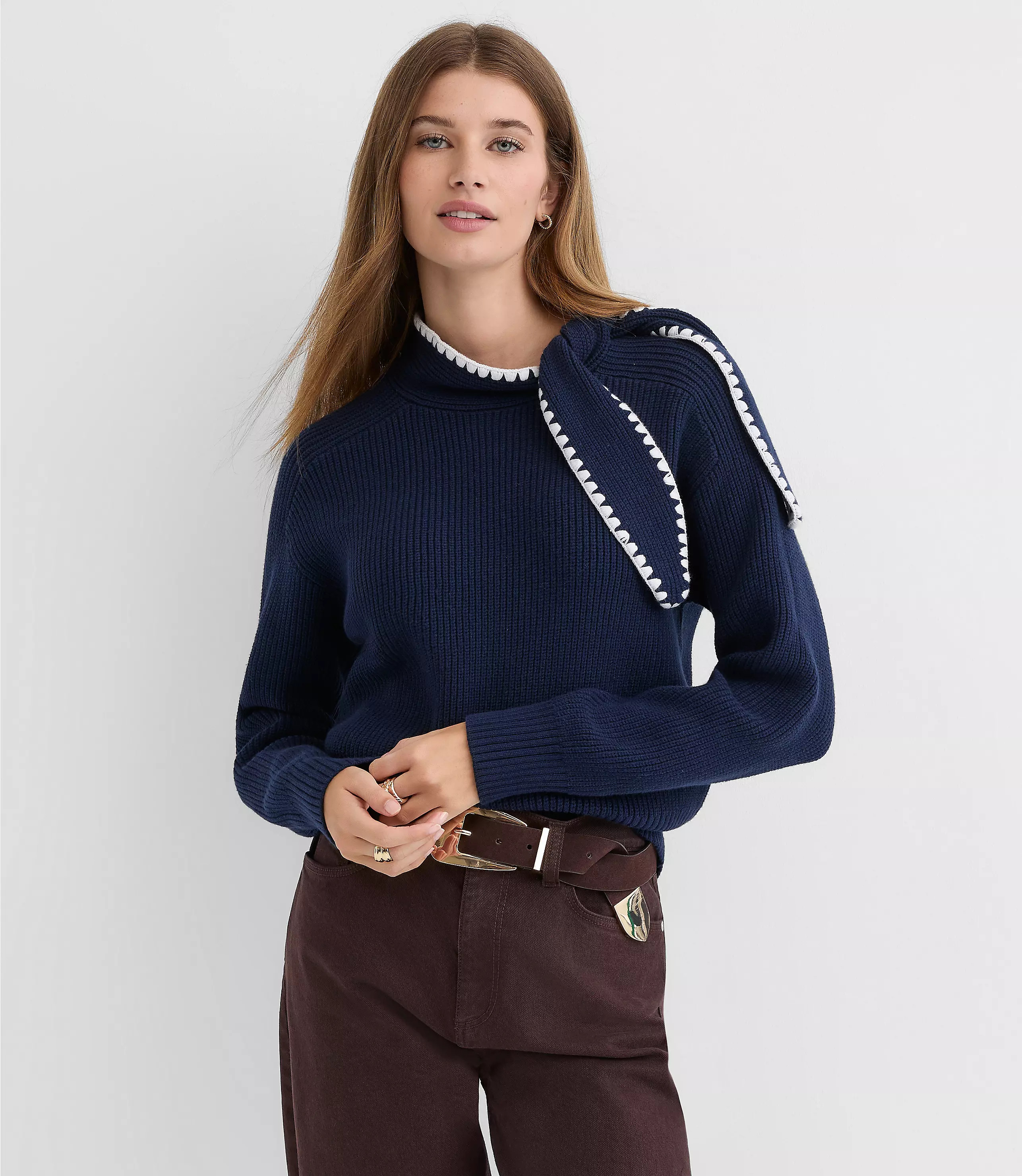 Contrast Stitched Tie Neck Sweater | LOFT