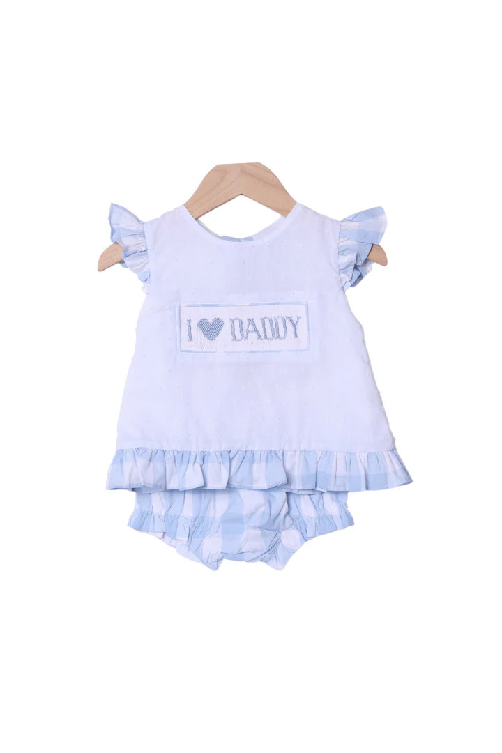 Smocked I Love Daddy Blue Gingham White Swiss Dot Bloomer Set | The Smocked Flamingo