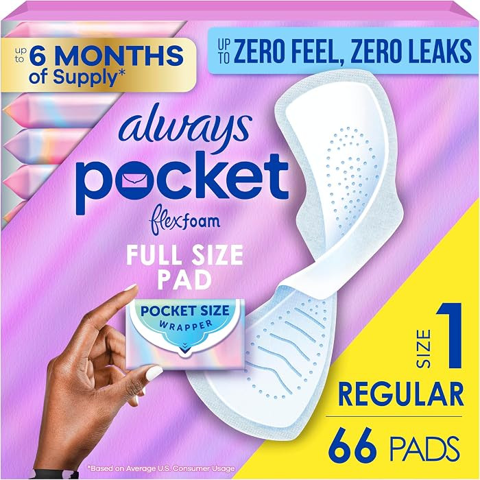Always Pocket Feminine Pads with FlexFoam, Size 1, Regular, with Wings, Unscented, 66 Count (3 Packs of 22) | Amazon (US)