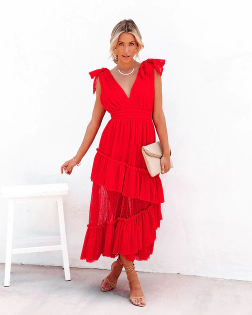 Carrie In Paris Tiered Tulle Midi Dress - Red | VICI