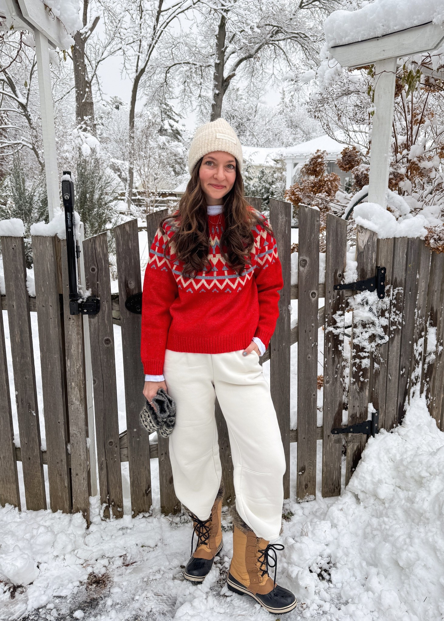 Warm winter outfit with a pop of color! I love this fair isle sweater & I layered it with a thin white cotton turtleneck & barrel fleece lined sweatpants for warmth! Definitely an outfit I want to wear on repeat all winter long! 

#LTKFindsUnder100 #LTKootd #LTKHoliday