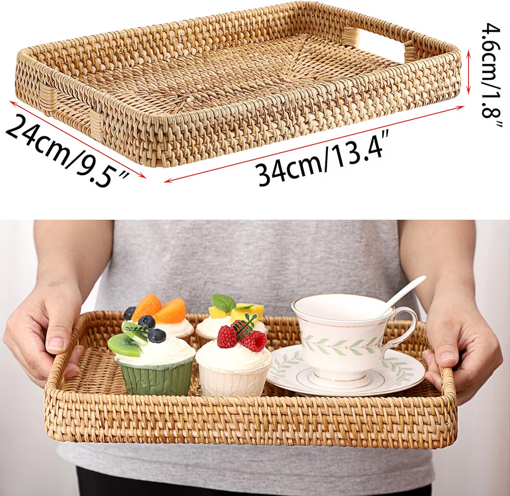 Hipiwe Handwoven Rattan Serving Tray Rectangular Wicker Tray with Handles Natural Decorative Tray... | Amazon (US)