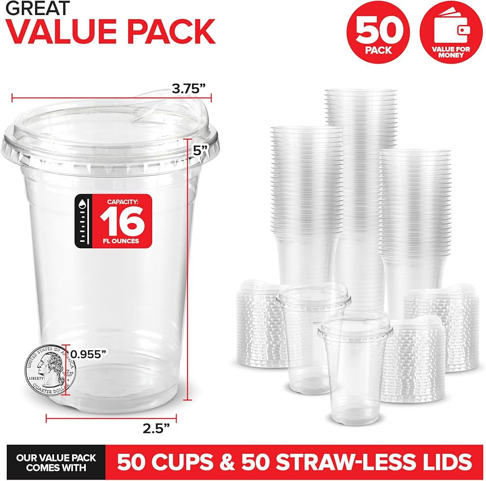 16 oz Clear Plastic Cups with Lids Disposable, Togo Drinking Cup with Strawless Sip Lid for Smoot... | Amazon (US)