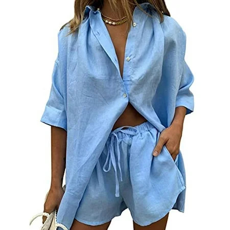 Women Casual 2 Pieces Loungewear Loose Tracksuit Button Down Long Sleeve Shirt And Elastic Shorts Se | Walmart (US)