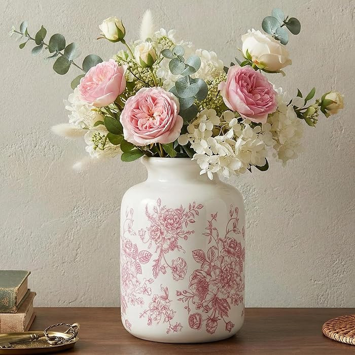 Pink Floral Vase 7.8 Inch Retro Rustic Chinoiserie Floral Vase Ice Cracked Ceramic Large Holder f... | Amazon (US)