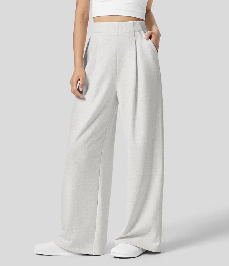 High Waisted Plicated Side Pocket Wide Leg Fleece Casual Cotton Pants | HALARA