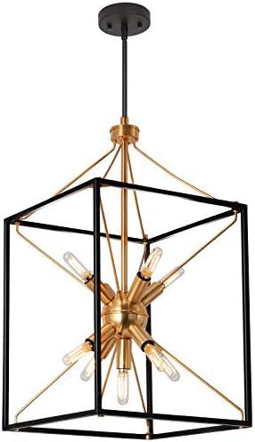 9-Light Chandelier, Adjustable Height Lantern Pendant Light with Black and Brass Finish, Metal Li... | Amazon (US)