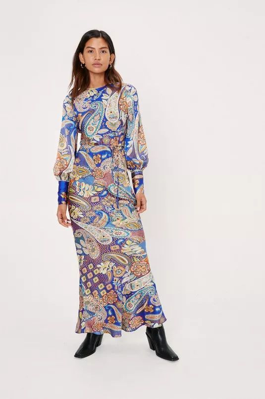 Paisley Belted Long Sleeved Maxi Slip Dress | Nasty Gal (US)