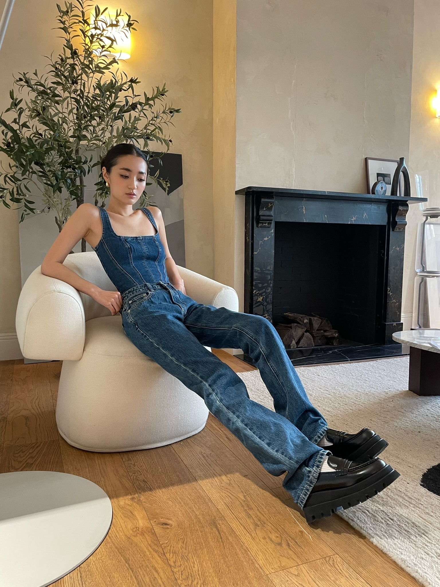 Meshki: Denim lace-up corset top & low rise straight leg jeans 

CONOCIDOJEEN: platform loafer 

#LTKstyletip