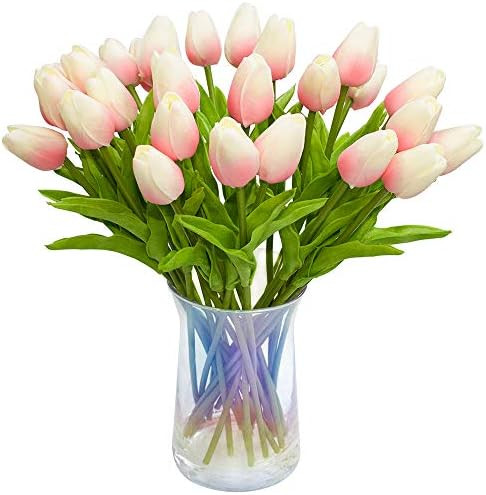 JOEJISN 30pcs Artificial Tulips Flowers Real Touch Pink Tulips Fake Holland PU Tulip Bouquet Latex F | Amazon (US)